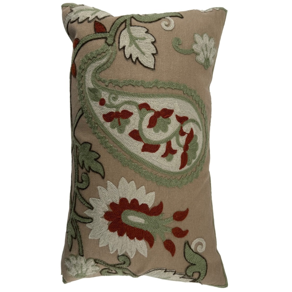 Lumbar Decorative Pillow 18x10 Taupe Paisley Jacobean Floral Crewel Embroidered - Picture 3 of 9